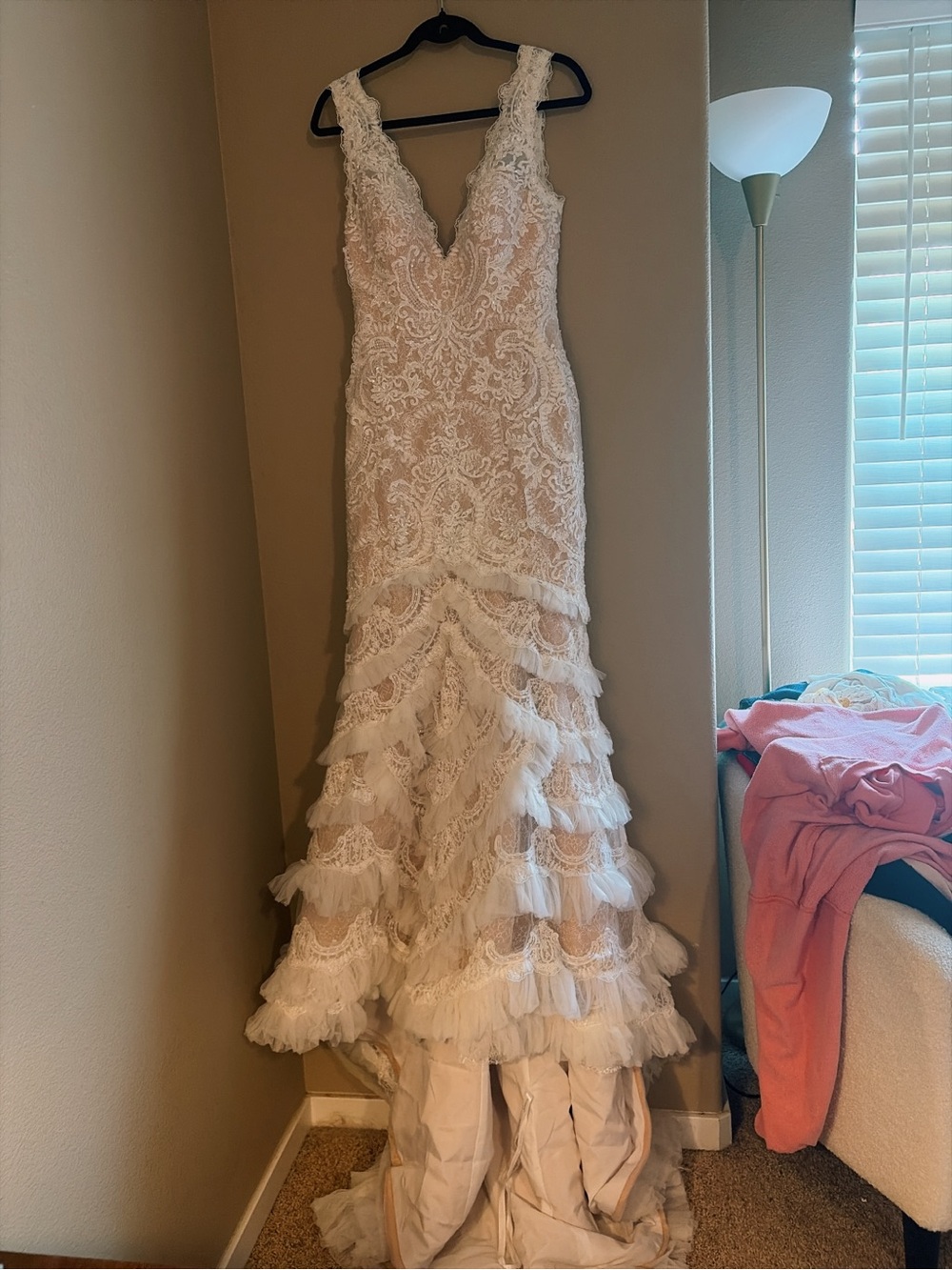Galina Signature lace, ruffled wedding dress, w/some sparkle. Ivory over blush.